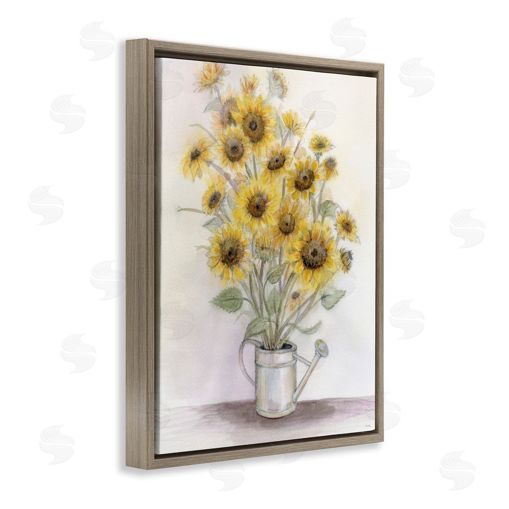 Patti Bishop Sunflowers In Watering Can Brown Floating Frame Canvas Wall Art Print
