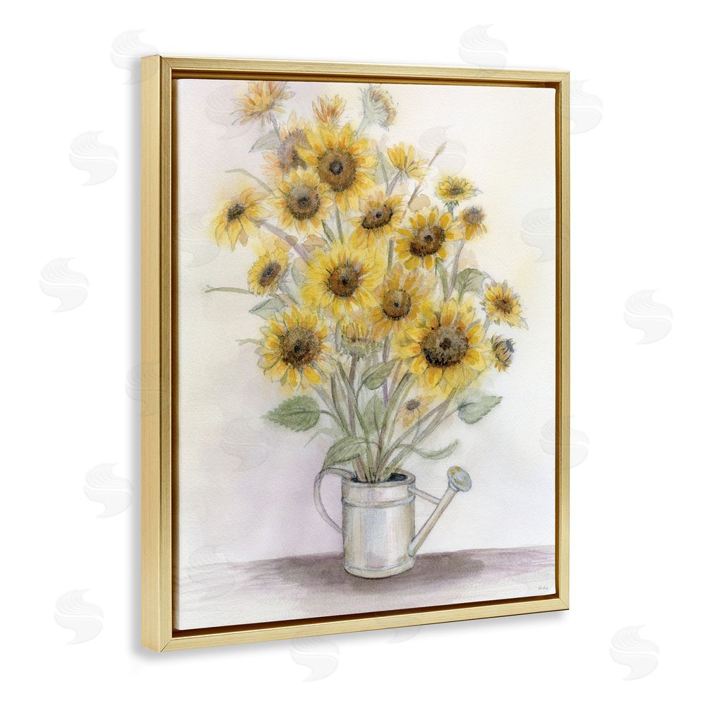 Patti Bishop Sunflowers In Watering Can Gold Floating Frame Canvas Wall Art Print