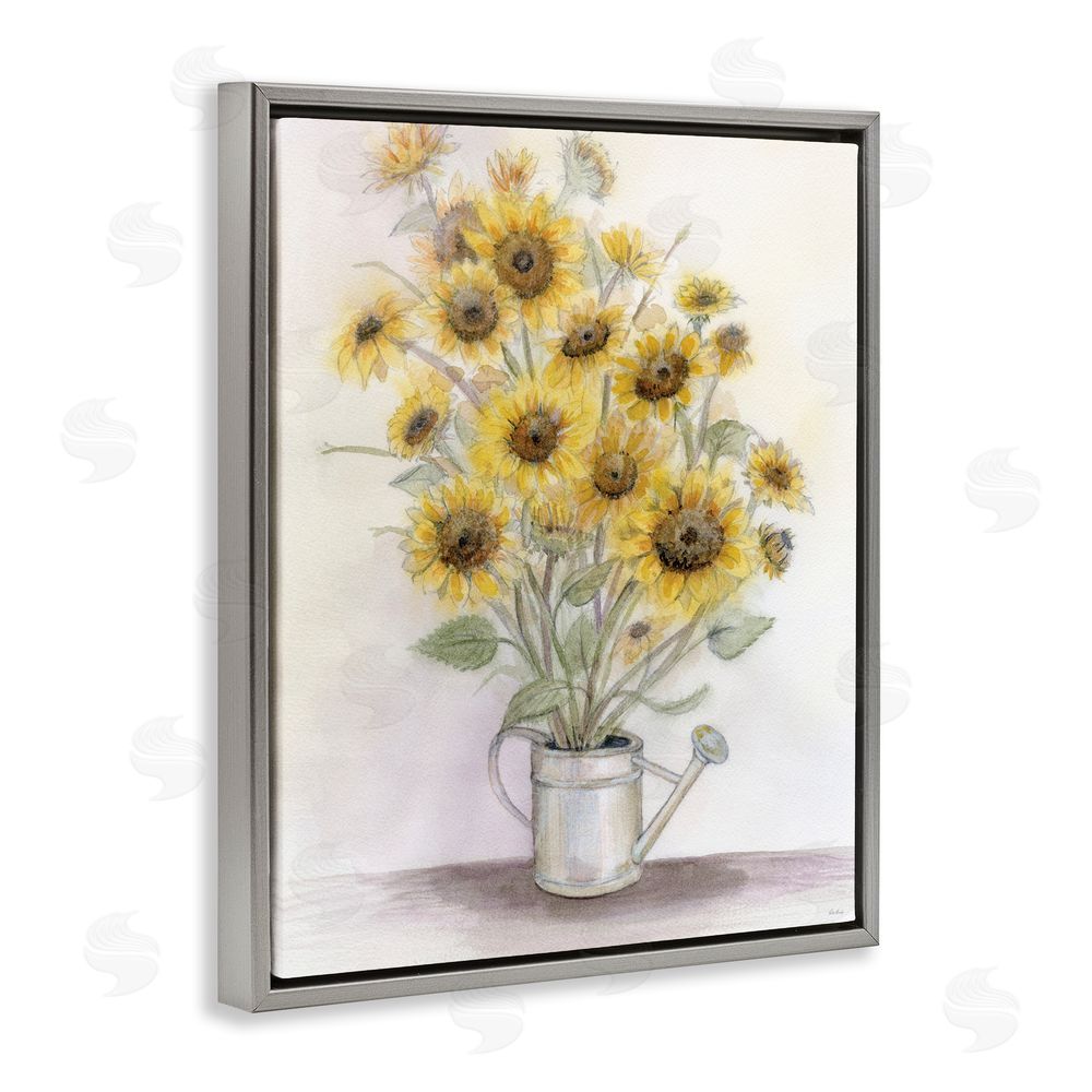 Patti Bishop Sunflowers In Watering Can Gray Floating Frame Canvas Wall Art Print