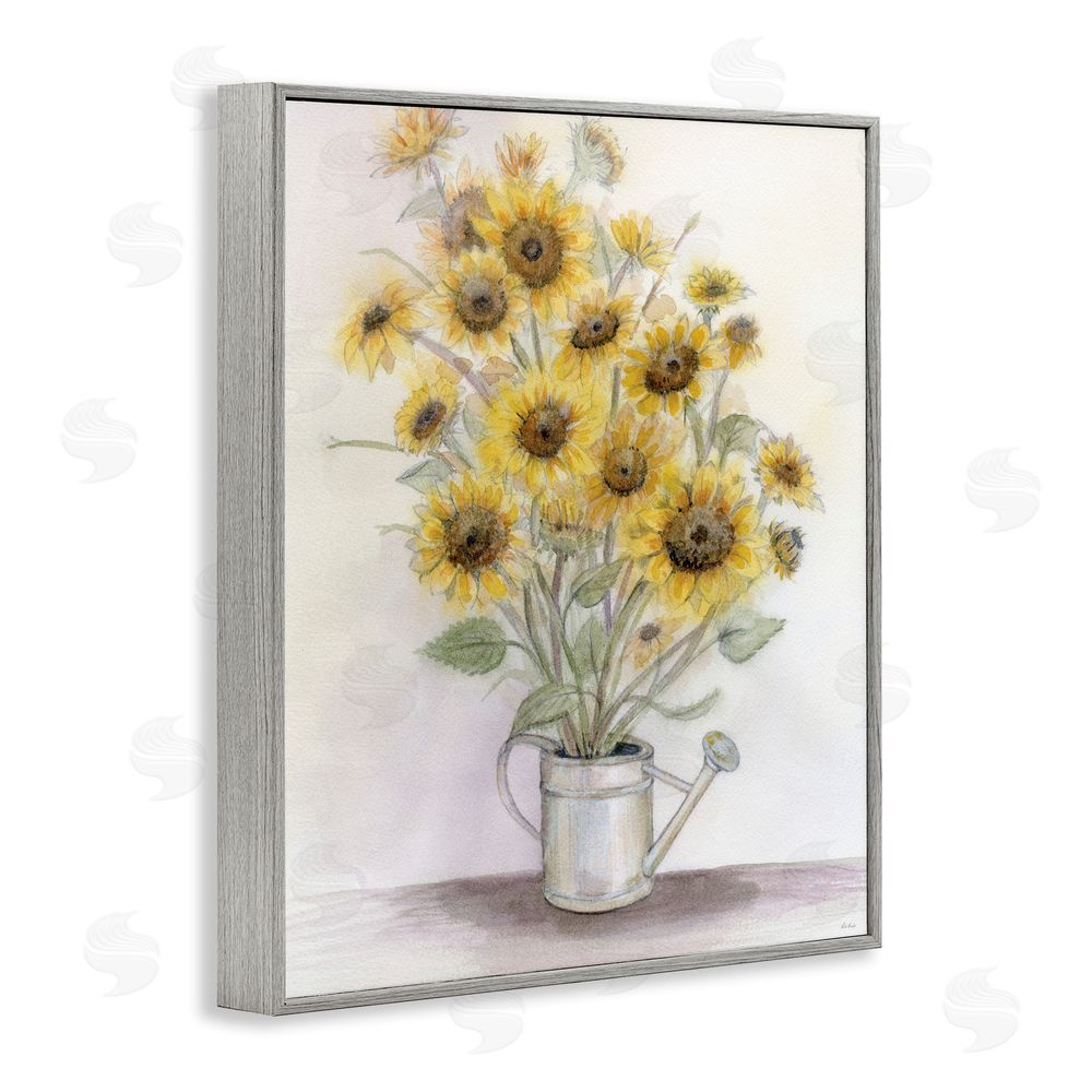Patti Bishop Sunflowers In Watering Can Gray Framed Giclee Wall Art Print