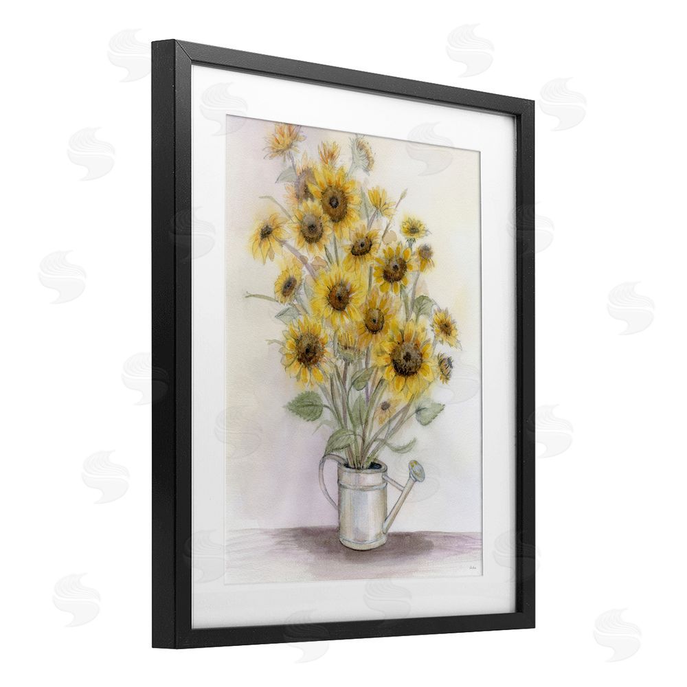 Patti Bishop Sunflowers In Watering Can Black Framed Print Under Glass with White Mat Wall Art