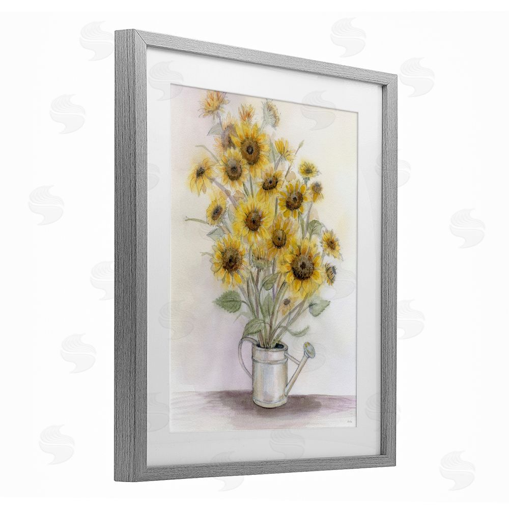 Patti Bishop Sunflowers In Watering Can Gray Framed Print Under Glass with White Mat Wall Art