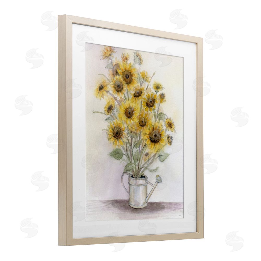Patti Bishop Sunflowers In Watering Can Birch Framed Print Under Glass with White Mat Wall Art