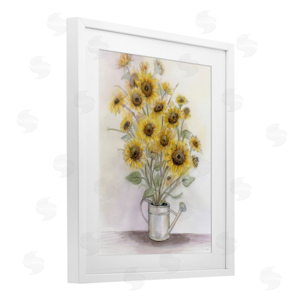 Patti Bishop Sunflowers In Watering Can White Framed Print Under Glass with Mat Wall Art