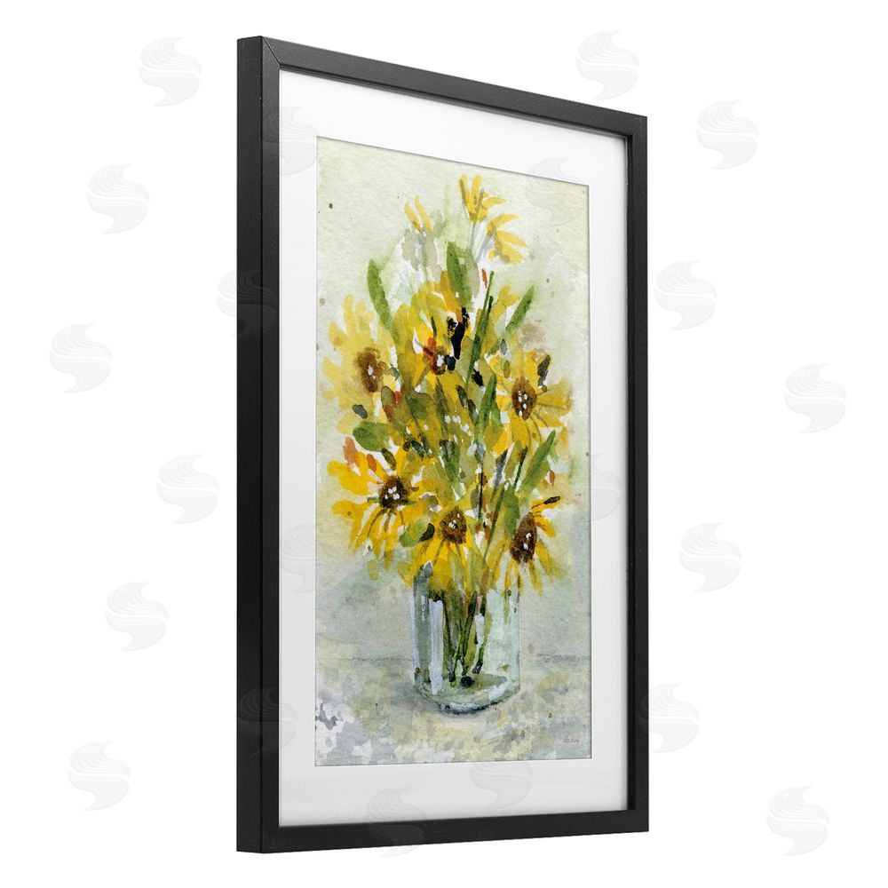 Patti Bishop Sun Flowers & Daisy Bouquet Black Framed Print Under Glass with White Mat Wall Art