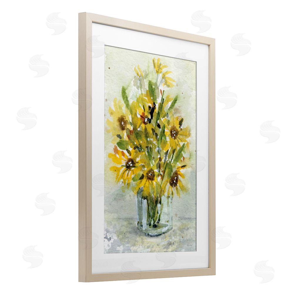 Patti Bishop Sun Flowers & Daisy Bouquet Birch Framed Print Under Glass with White Mat Wall Art