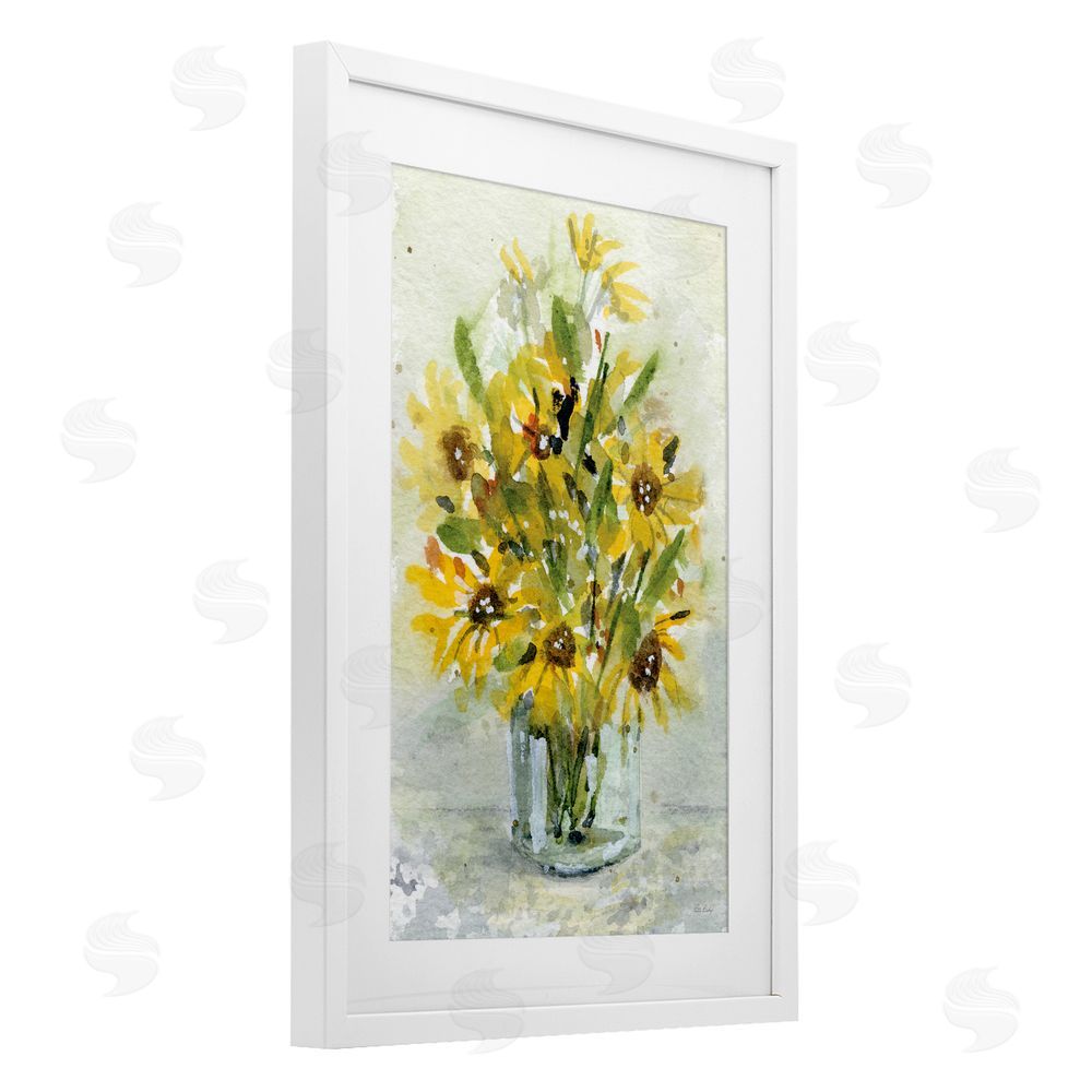 Patti Bishop Sun Flowers & Daisy Bouquet White Framed Print Under Glass with Mat Wall Art