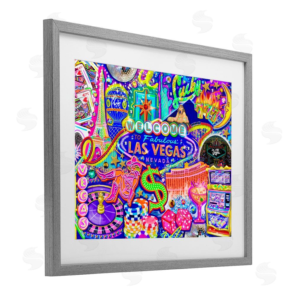 Jess Stempel Fabulous Las Vegas Fun Gray Framed Print Under Glass with White Mat Wall Art