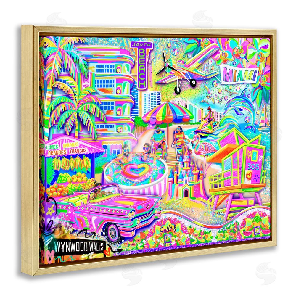 Jess Stempel Miami Fun Collage Gold Floating Frame Canvas Wall Art Print
