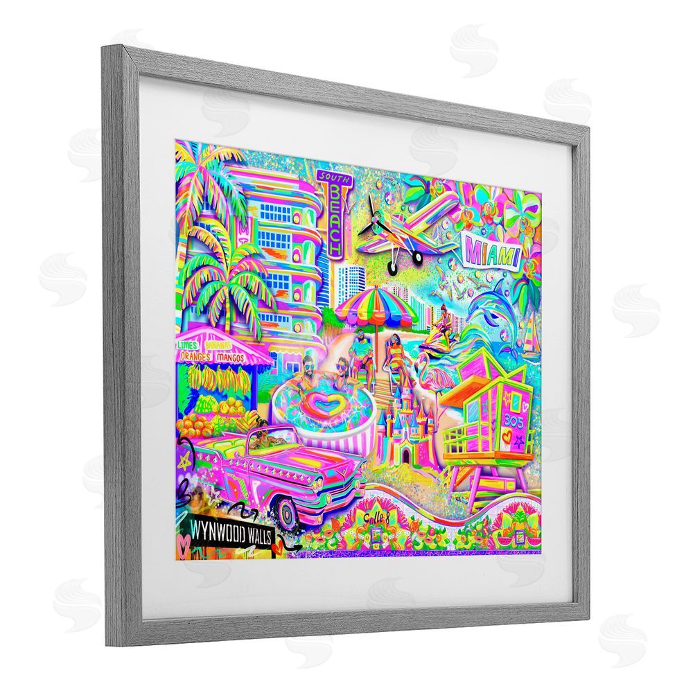 Jess Stempel Miami Fun Collage Gray Framed Print Under Glass with White Mat Wall Art
