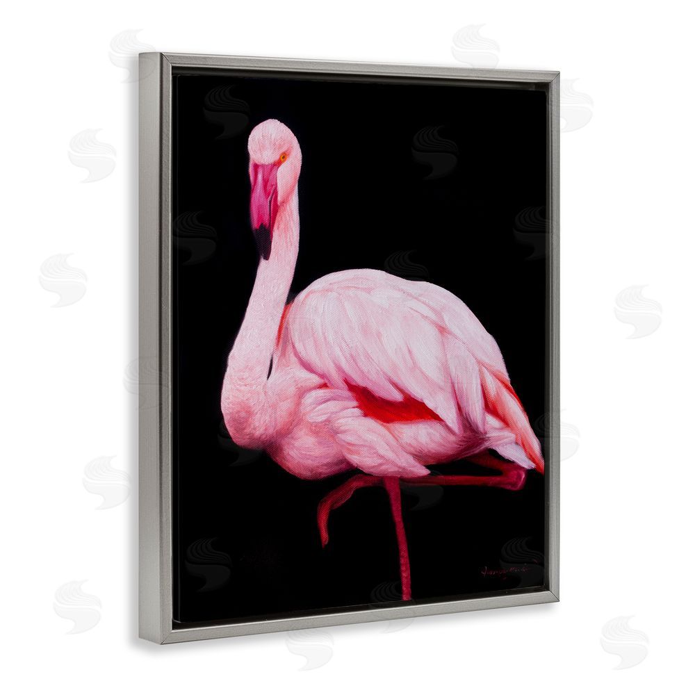 James Corwin Contrasting Flamingo on Black Gray Floating Frame Canvas Wall Art Print