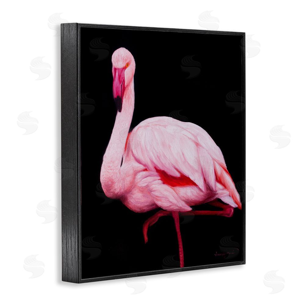 James Corwin Contrasting Flamingo on Black Black Framed Giclee Wall Art Print