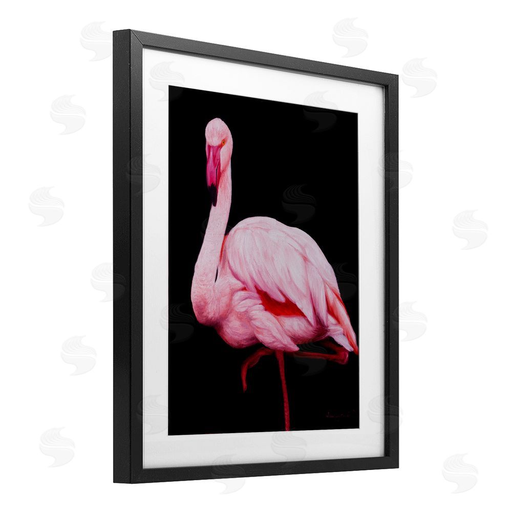James Corwin Contrasting Flamingo on Black Black Framed Print Under Glass with White Mat Wall Art