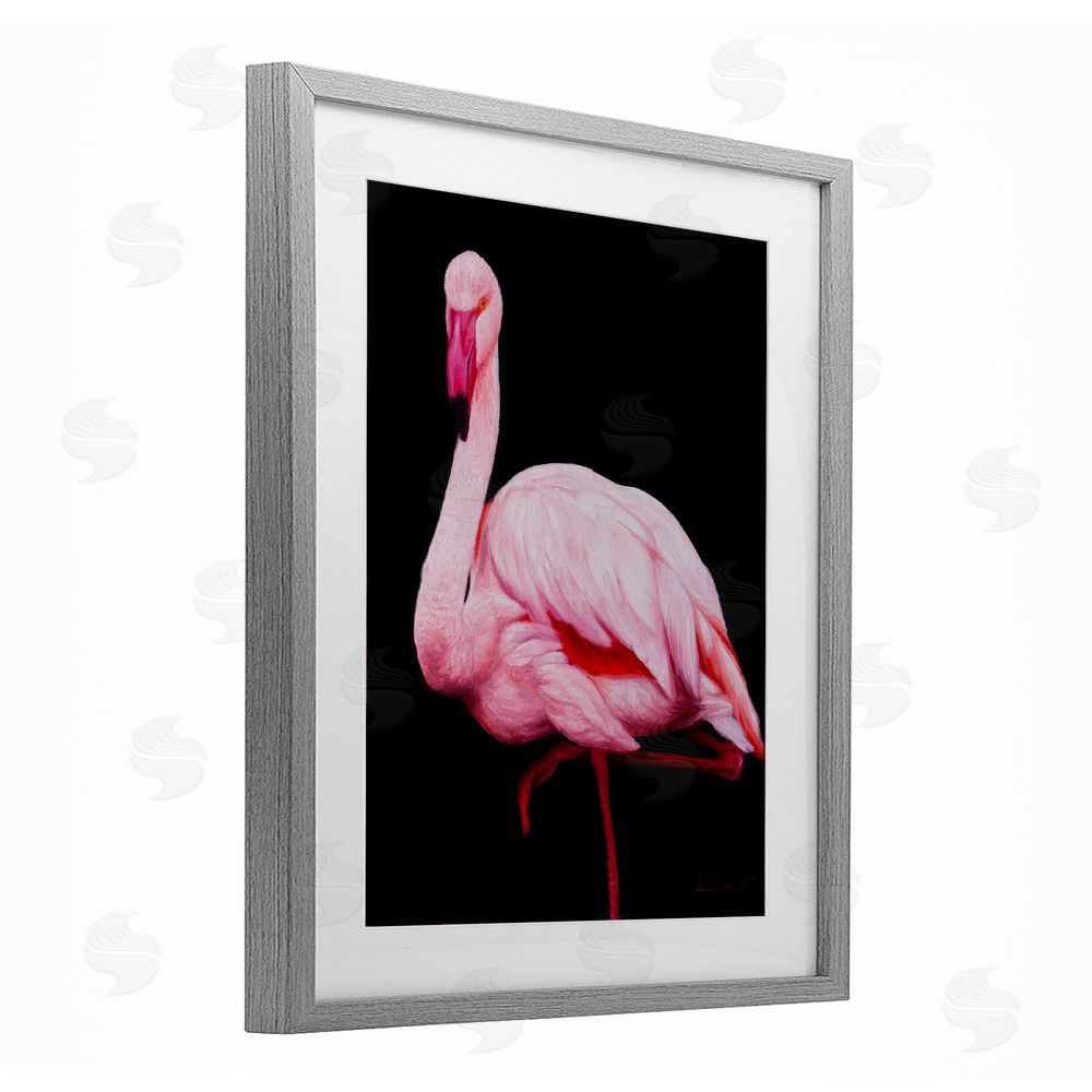 James Corwin Contrasting Flamingo on Black Gray Framed Print Under Glass with White Mat Wall Art