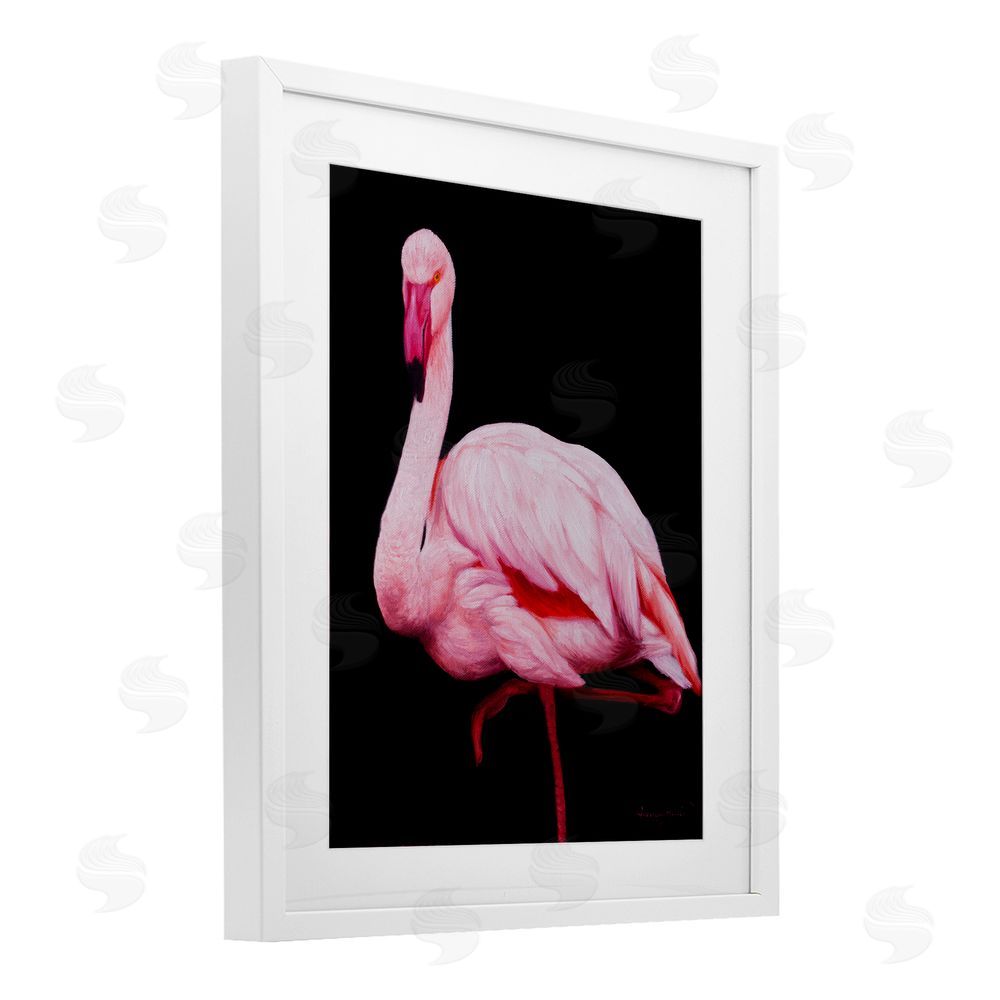 James Corwin Contrasting Flamingo on Black White Framed Print Under Glass with Mat Wall Art