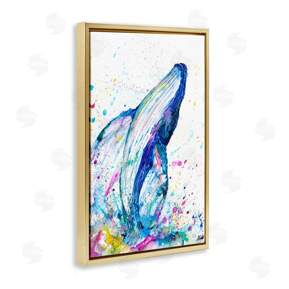 Marc Allante Breech Whale with Splatter Gold Floating Frame Canvas Wall Art Print