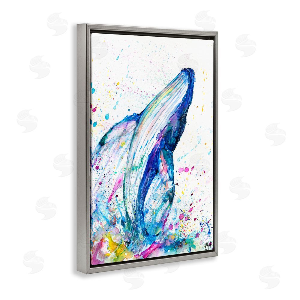 Marc Allante Breech Whale with Splatter Gray Floating Frame Canvas Wall Art Print