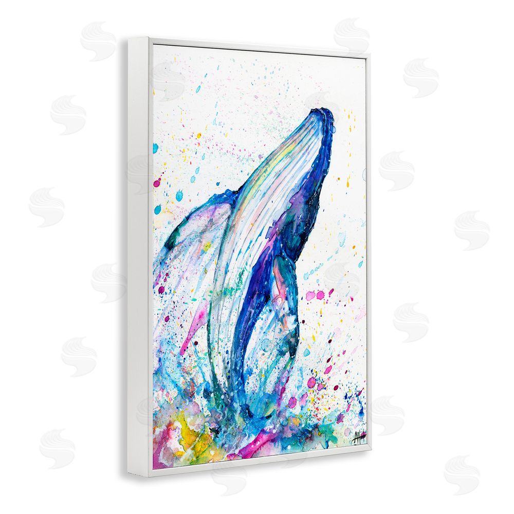 Marc Allante Breech Whale with Splatter White Framed Giclee Wall Art Print