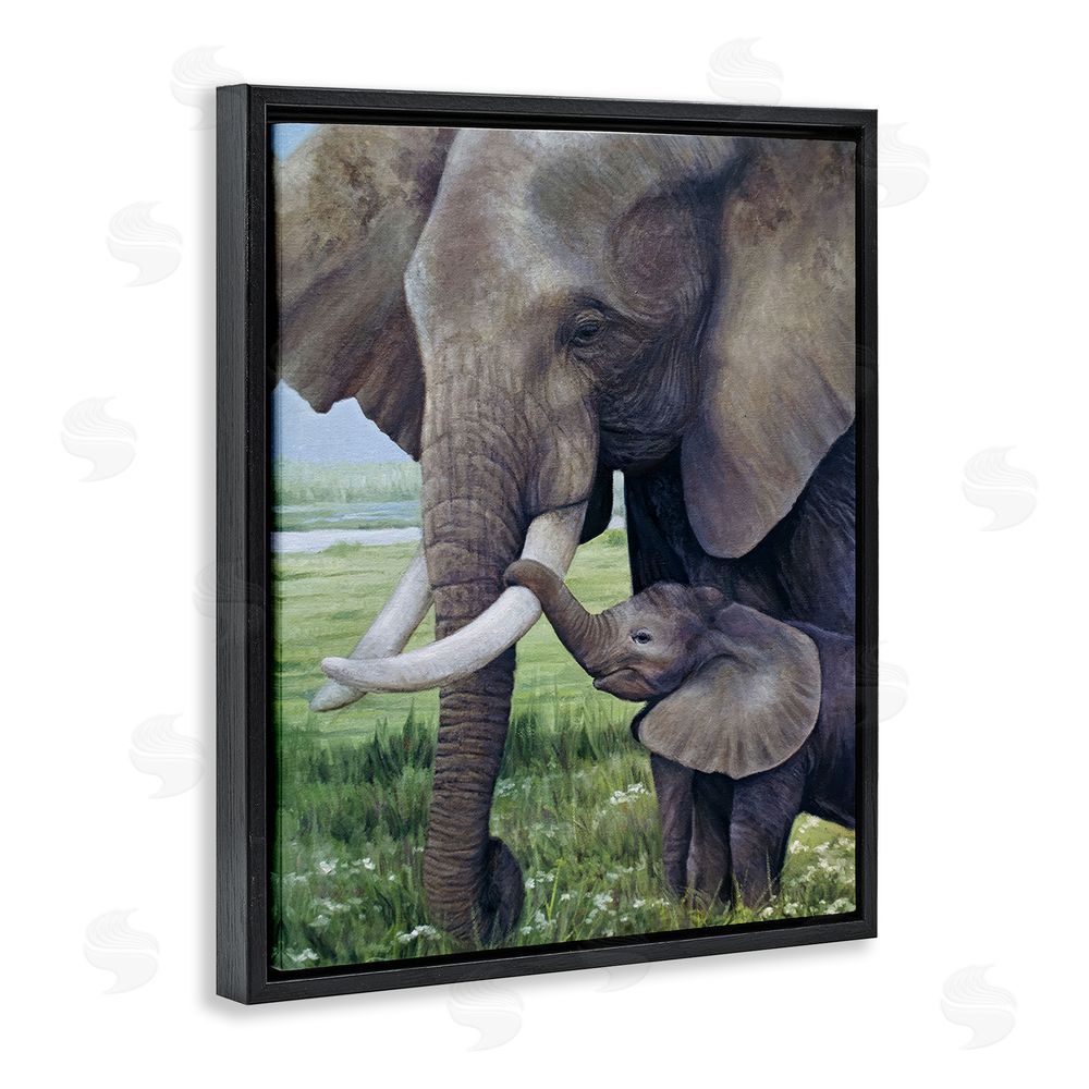 James Corwin Baby Elephant And Mother Black Floating Frame Canvas Wall Art Print