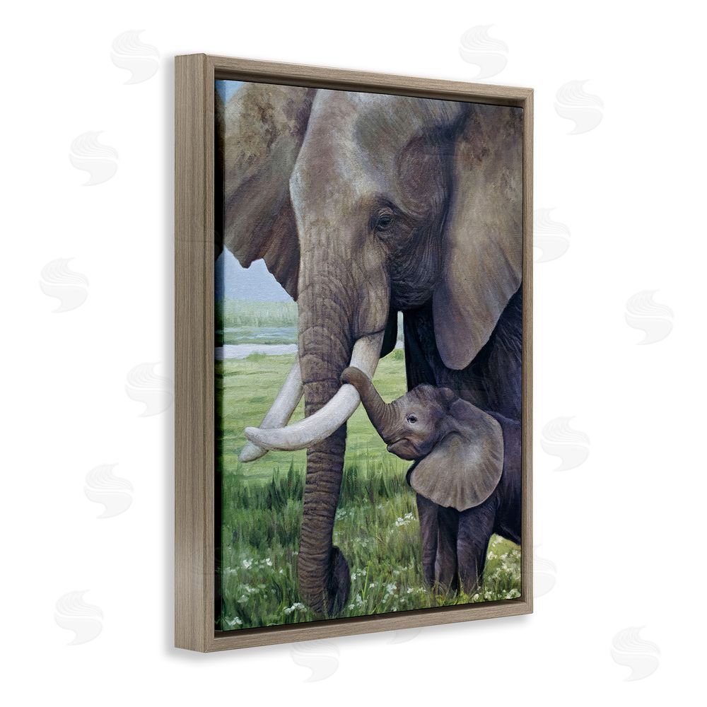 James Corwin Baby Elephant And Mother Brown Floating Frame Canvas Wall Art Print