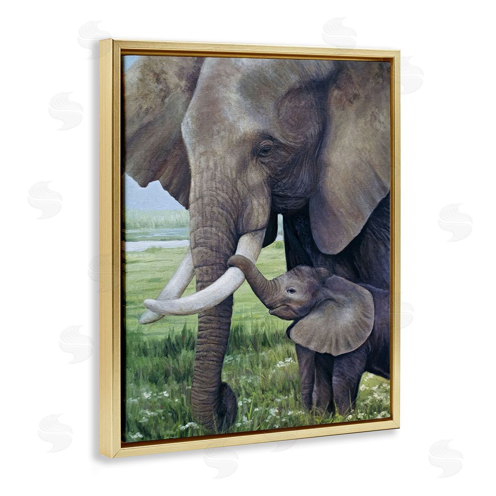 James Corwin Baby Elephant And Mother Gold Floating Frame Canvas Wall Art Print