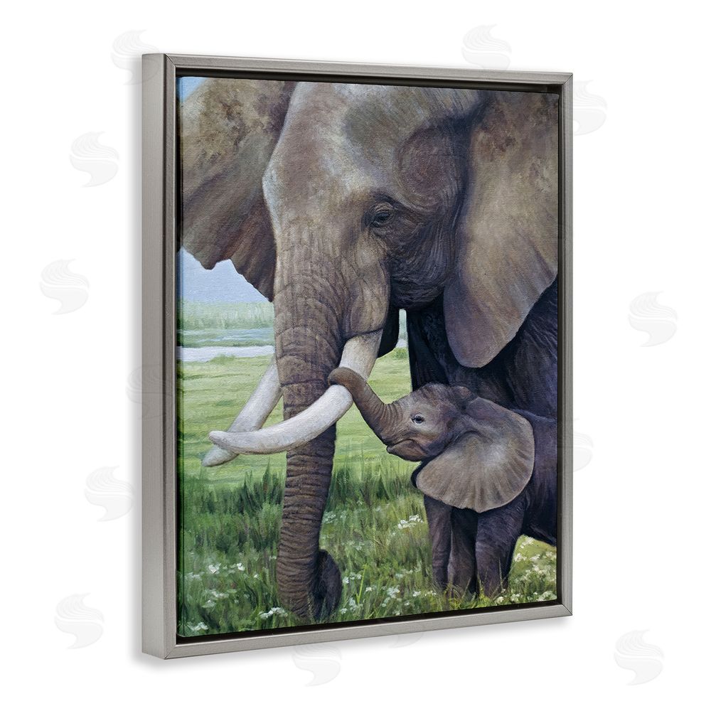 James Corwin Baby Elephant And Mother Gray Floating Frame Canvas Wall Art Print