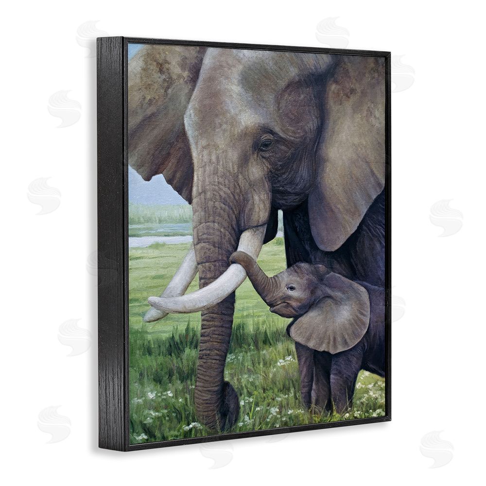 James Corwin Baby Elephant And Mother Black Framed Giclee Wall Art Print