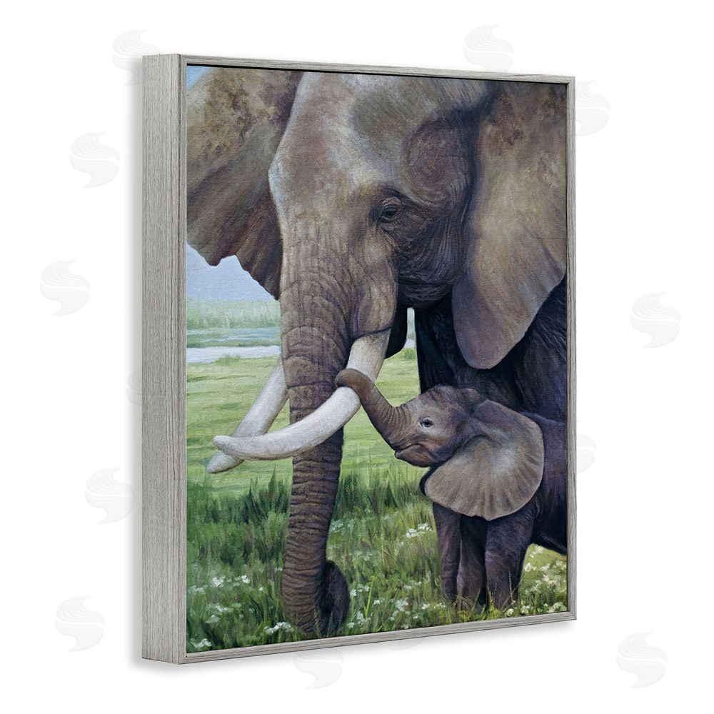 James Corwin Baby Elephant And Mother Gray Framed Giclee Wall Art Print