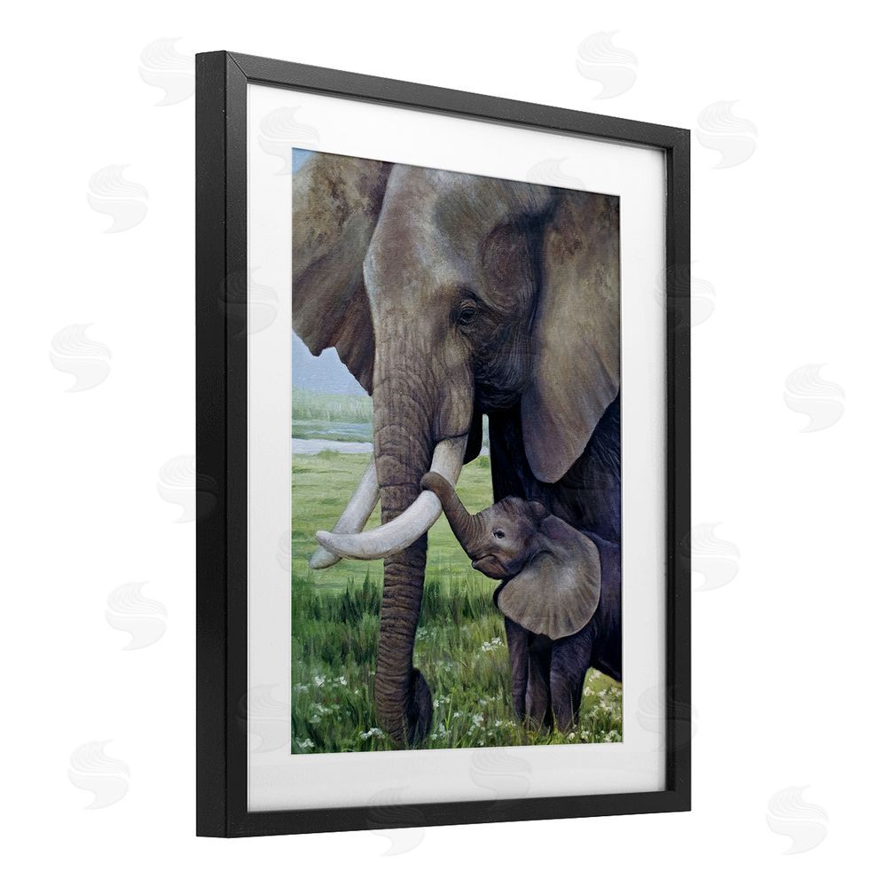 James Corwin Baby Elephant And Mother Black Framed Print Under Glass with White Mat Wall Art