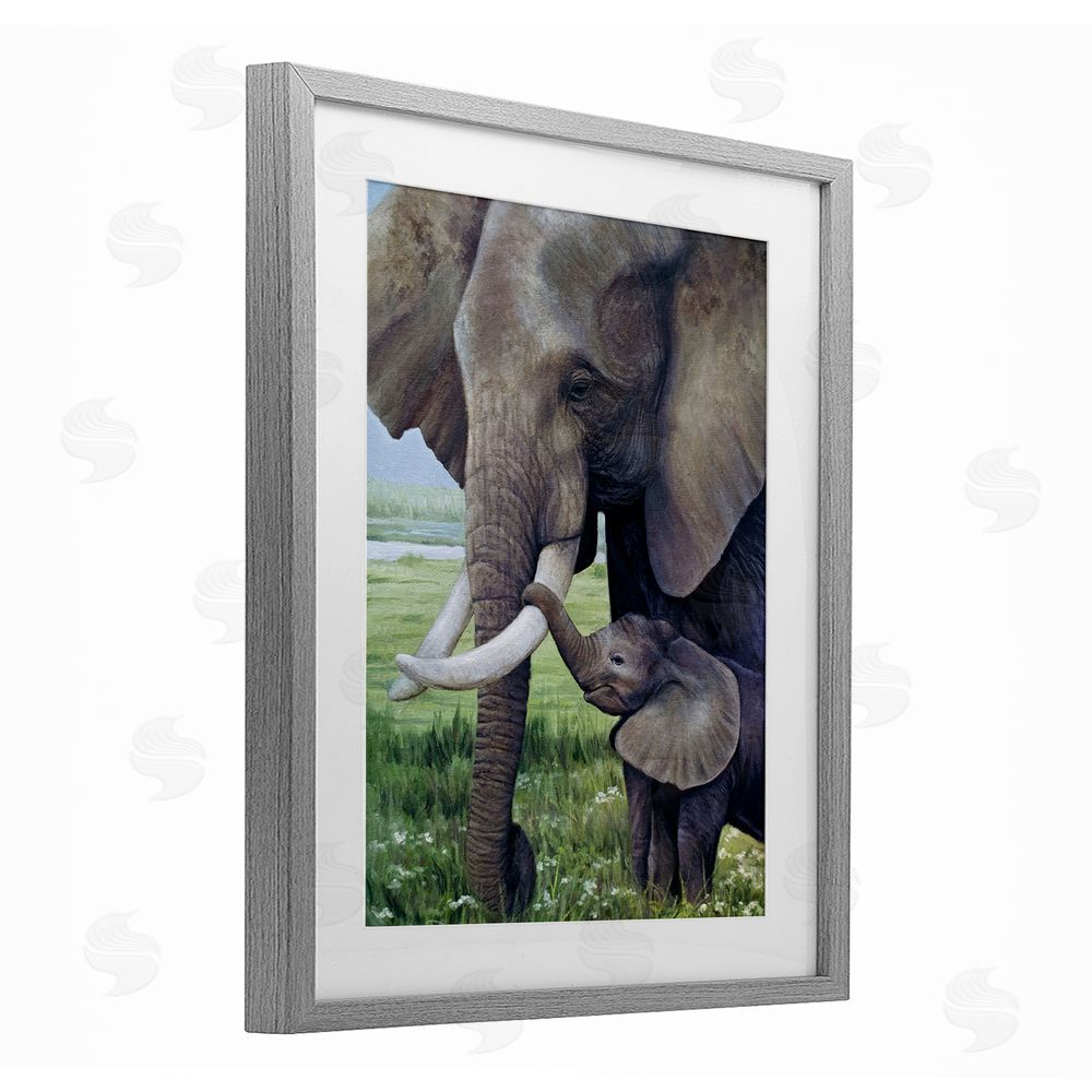 James Corwin Baby Elephant And Mother Gray Framed Print Under Glass with White Mat Wall Art