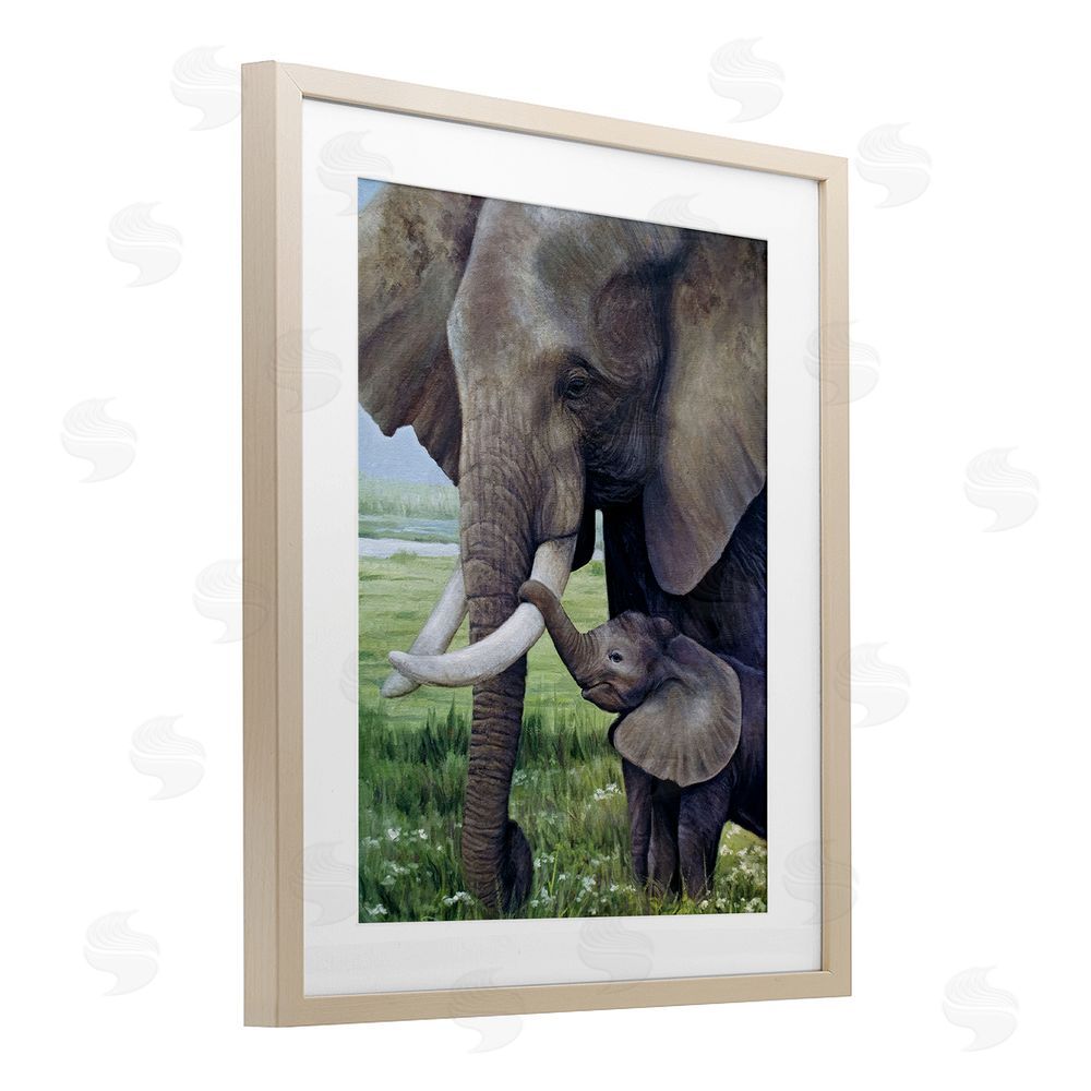 James Corwin Baby Elephant And Mother Birch Framed Print Under Glass with White Mat Wall Art