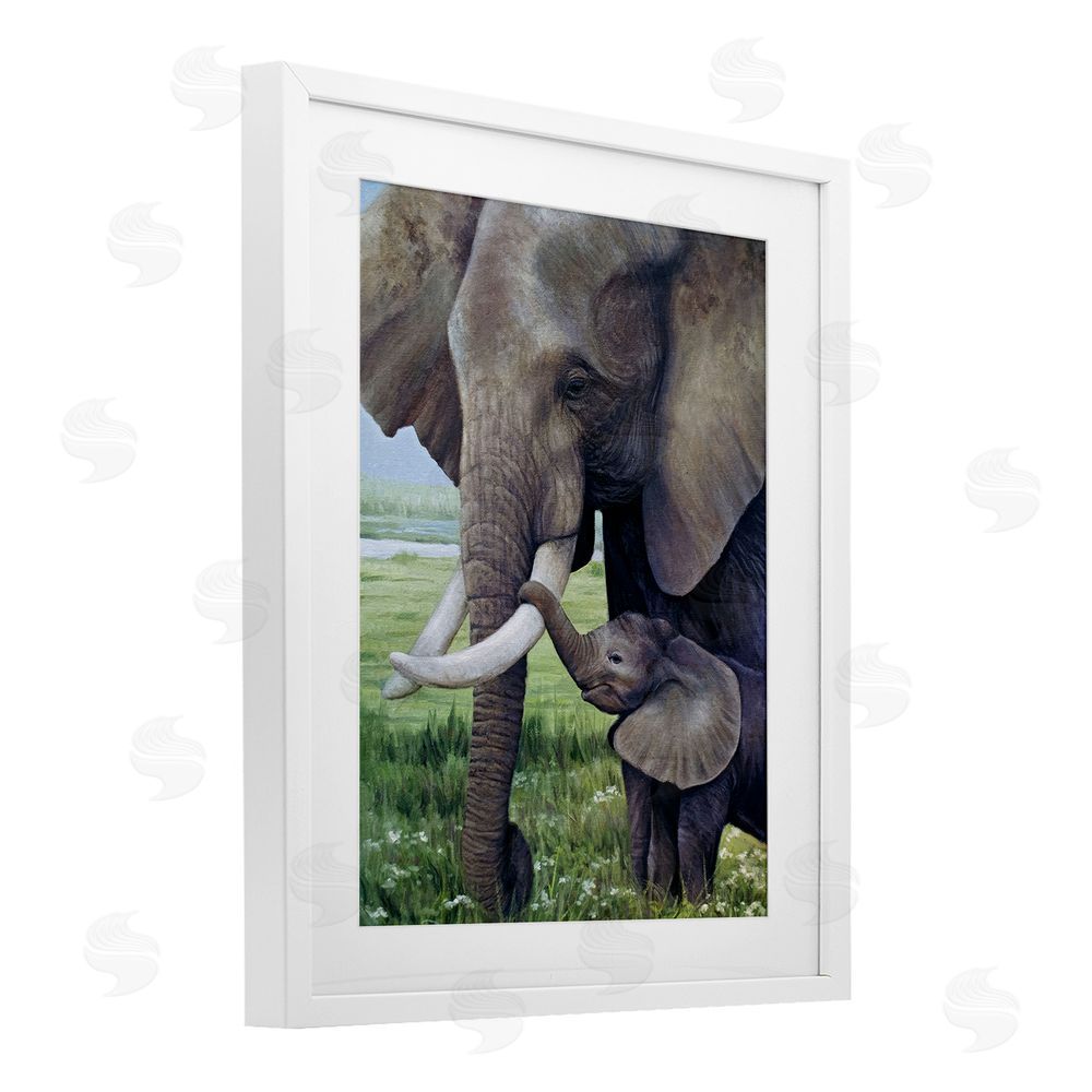 James Corwin Baby Elephant And Mother White Framed Print Under Glass with Mat Wall Art