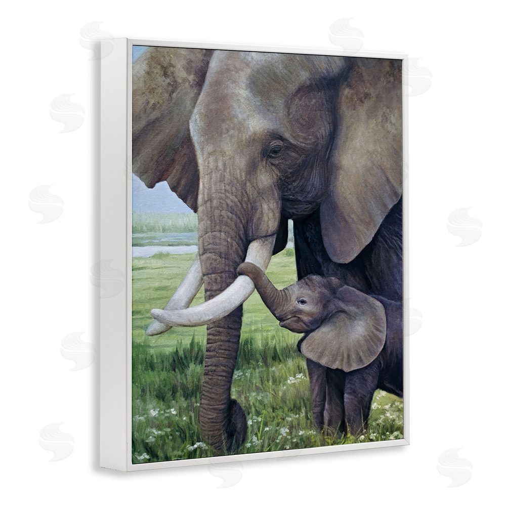 James Corwin Baby Elephant And Mother White Framed Giclee Wall Art Print