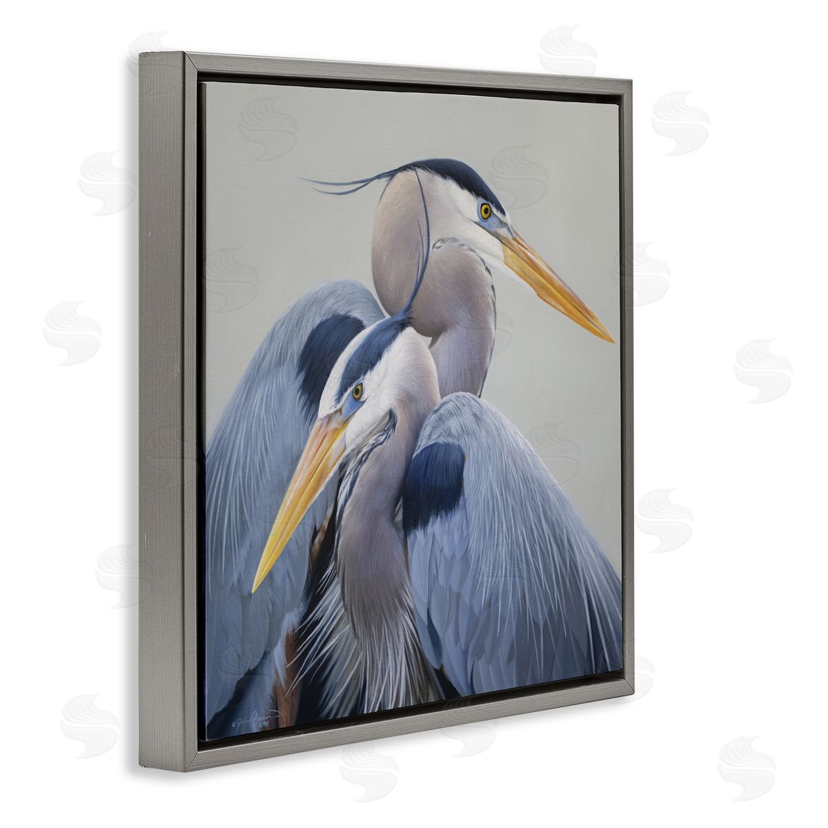 James Corwin Elegant Heron Twins Gray Floating Frame Canvas Wall Art Print