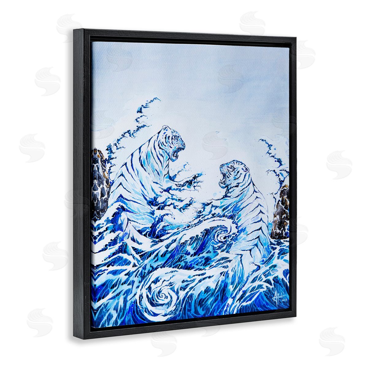 Marc Allante Crashing Waves Tigers Black Floating Frame Canvas Wall Art Print