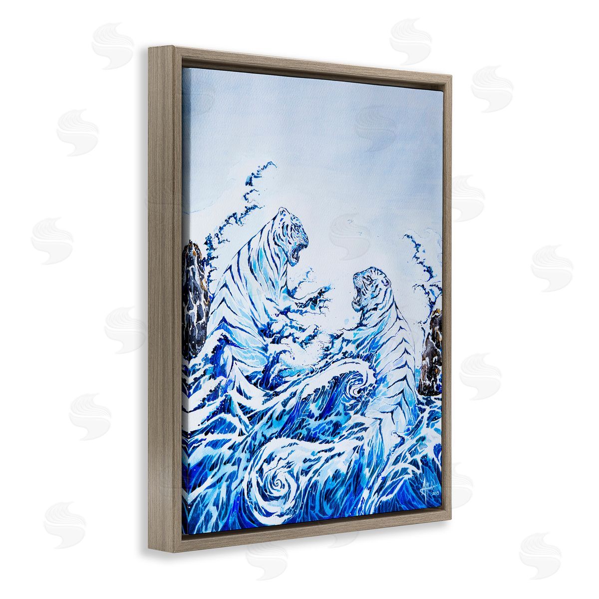 Marc Allante Crashing Waves Tigers Brown Floating Frame Canvas Wall Art Print