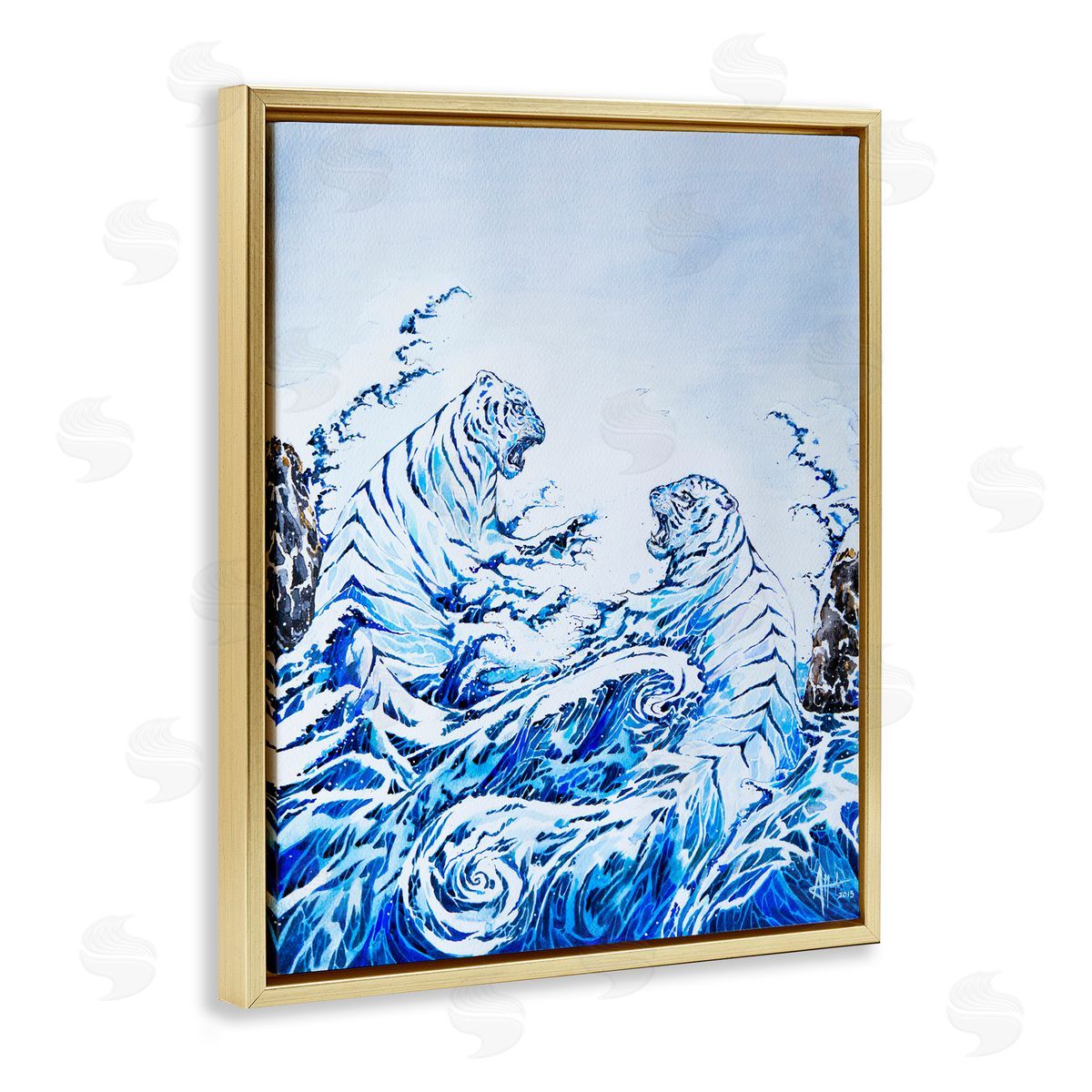 Marc Allante Crashing Waves Tigers Gold Floating Frame Canvas Wall Art Print