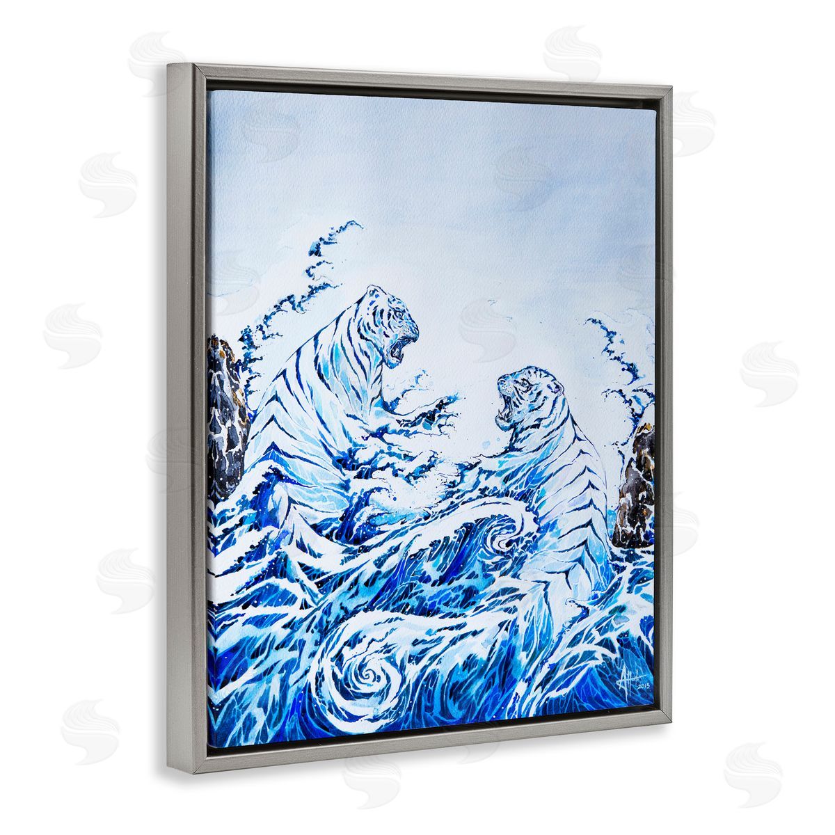 Marc Allante Crashing Waves Tigers Gray Floating Frame Canvas Wall Art Print