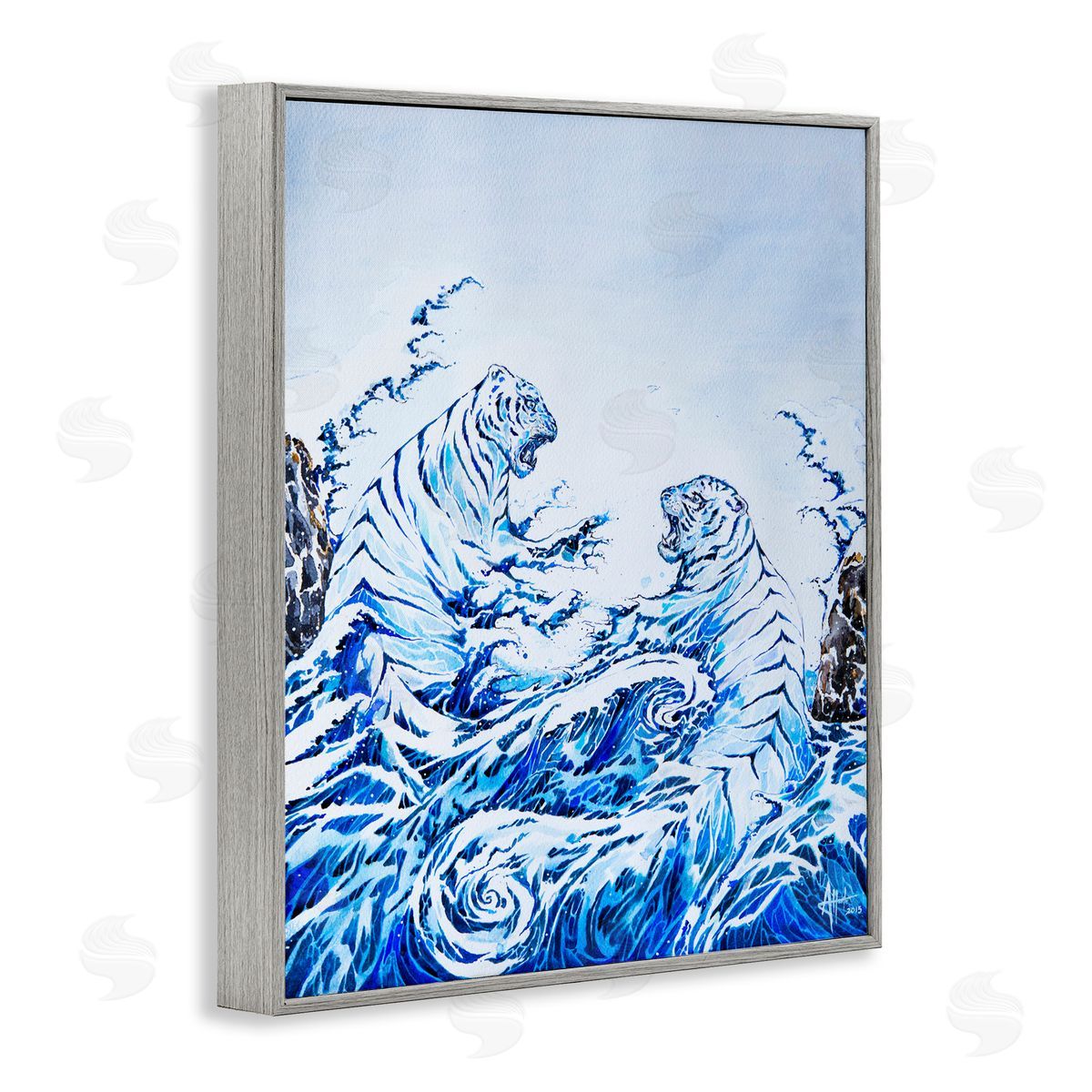 Marc Allante Crashing Waves Tigers Gray Framed Giclee Wall Art Print