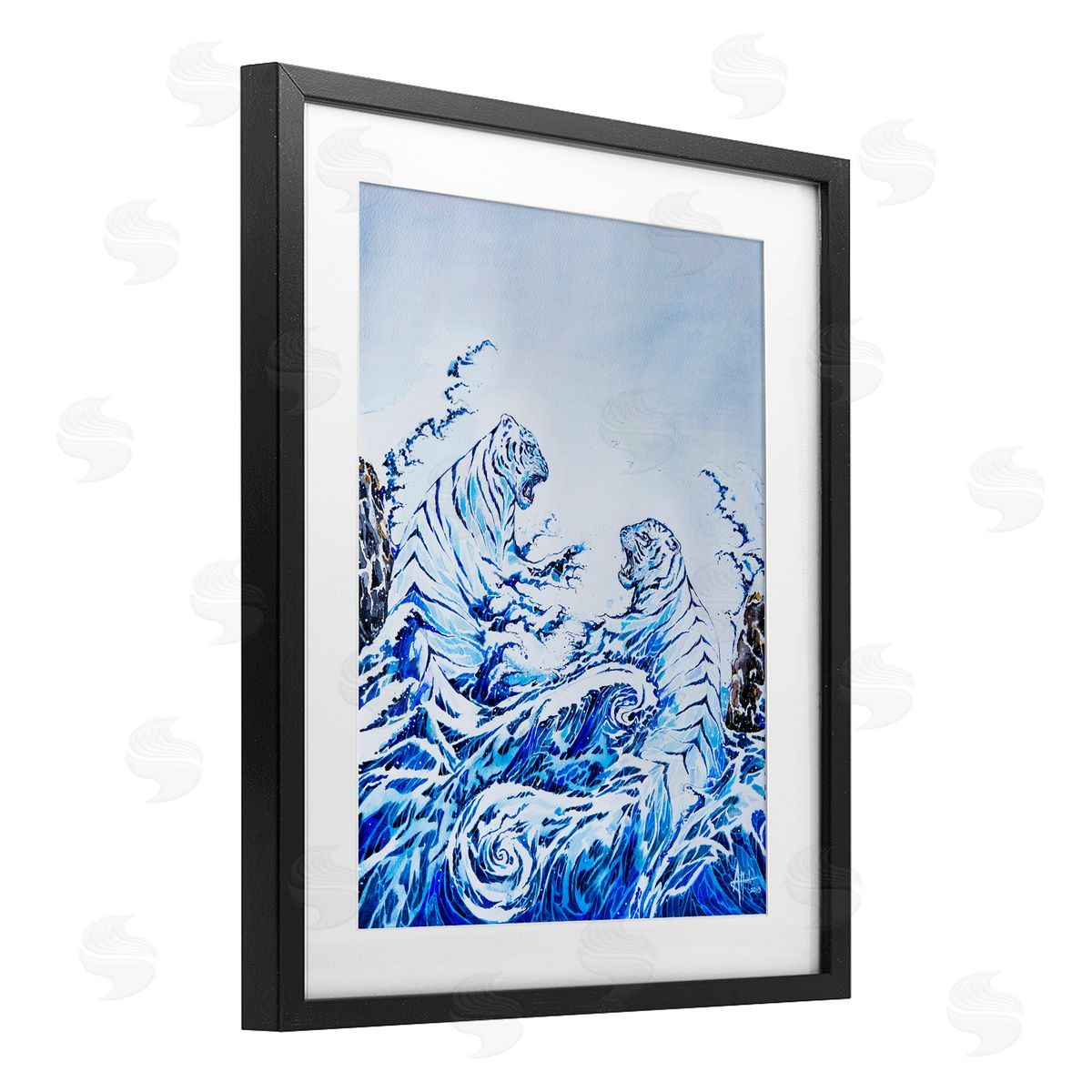 Marc Allante Crashing Waves Tigers Black Framed Print Under Glass with White Mat Wall Art