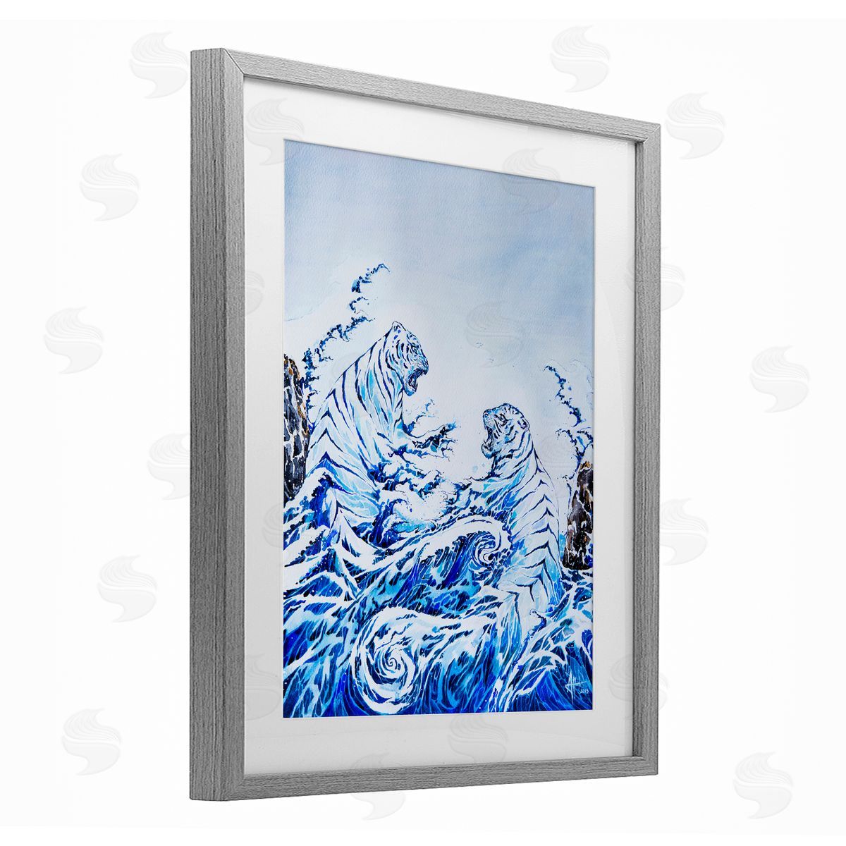 Marc Allante Crashing Waves Tigers Gray Framed Print Under Glass with White Mat Wall Art