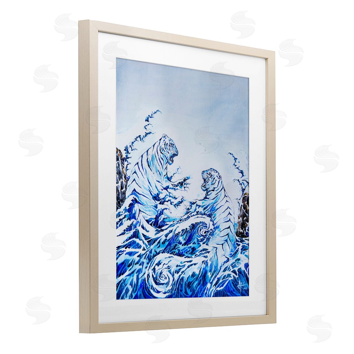 Marc Allante Crashing Waves Tigers Birch Framed Print Under Glass with White Mat Wall Art