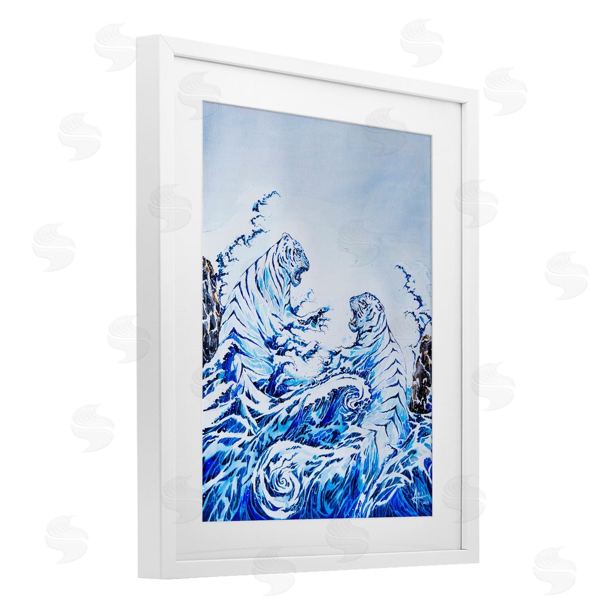 Marc Allante Crashing Waves Tigers White Framed Print Under Glass with Mat Wall Art