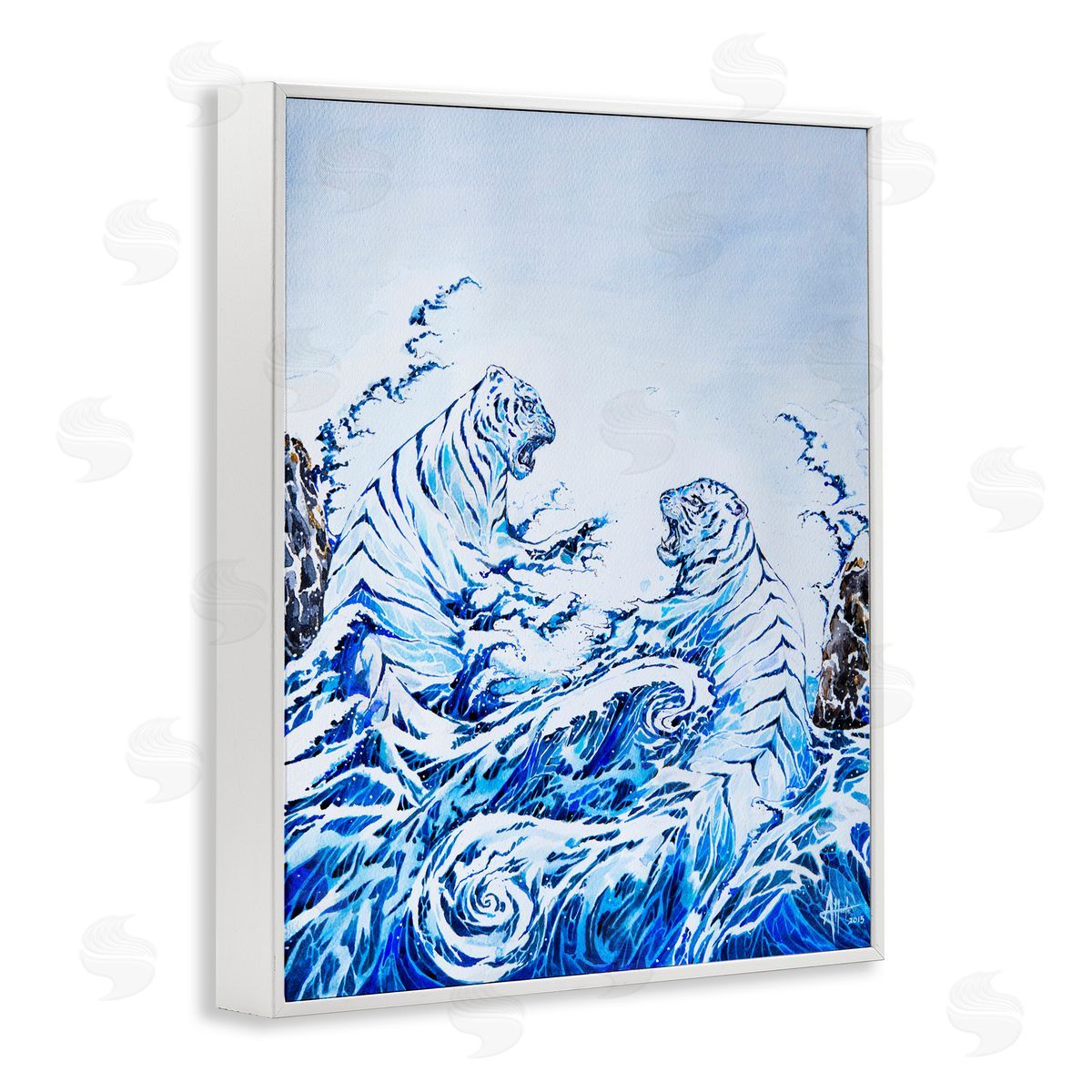 Marc Allante Crashing Waves Tigers White Framed Giclee Wall Art Print