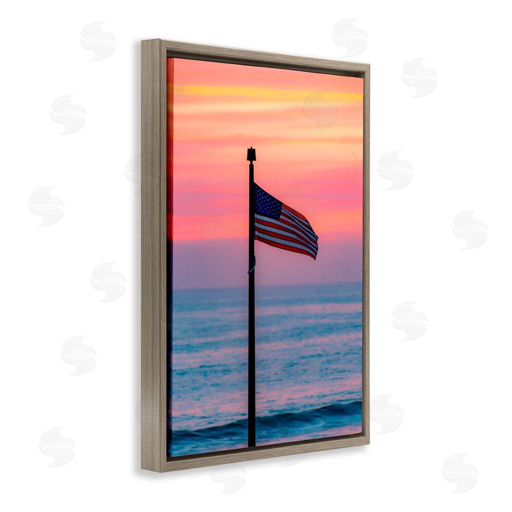 Jeff Poe Photography USA Flag Against Sunset Brown Floating Frame Canvas Wall Art Print