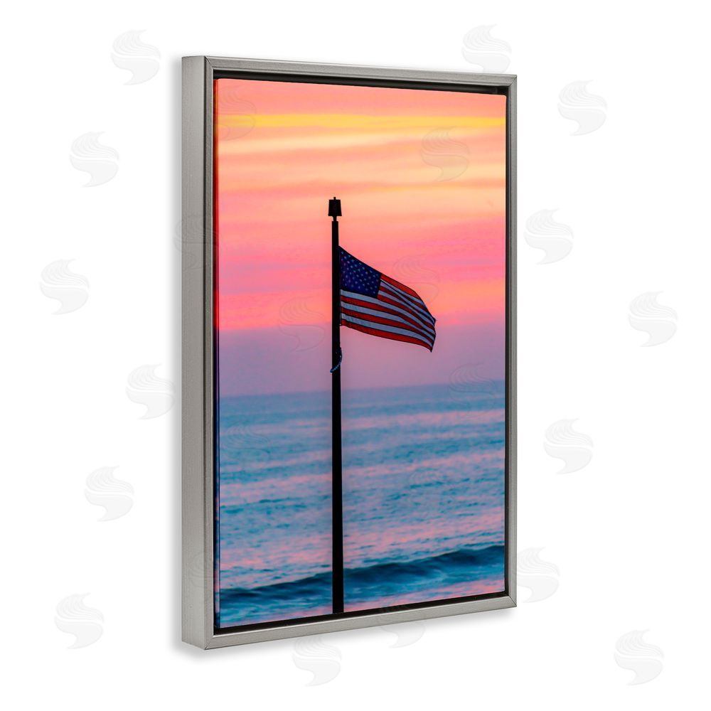 Jeff Poe Photography USA Flag Against Sunset Gray Floating Frame Canvas Wall Art Print