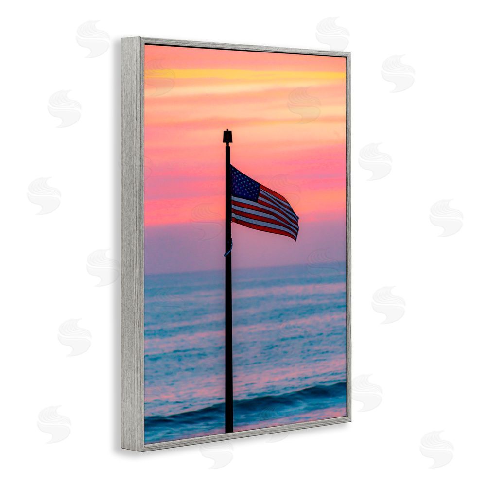 Jeff Poe Photography USA Flag Against Sunset Gray Framed Giclee Wall Art Print