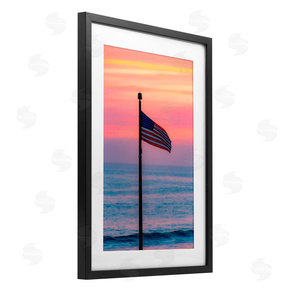Jeff Poe Photography USA Flag Against Sunset Black Framed Print Under Glass with White Mat Wall Art