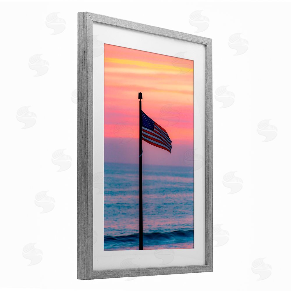 Jeff Poe Photography USA Flag Against Sunset Gray Framed Print Under Glass with White Mat Wall Art
