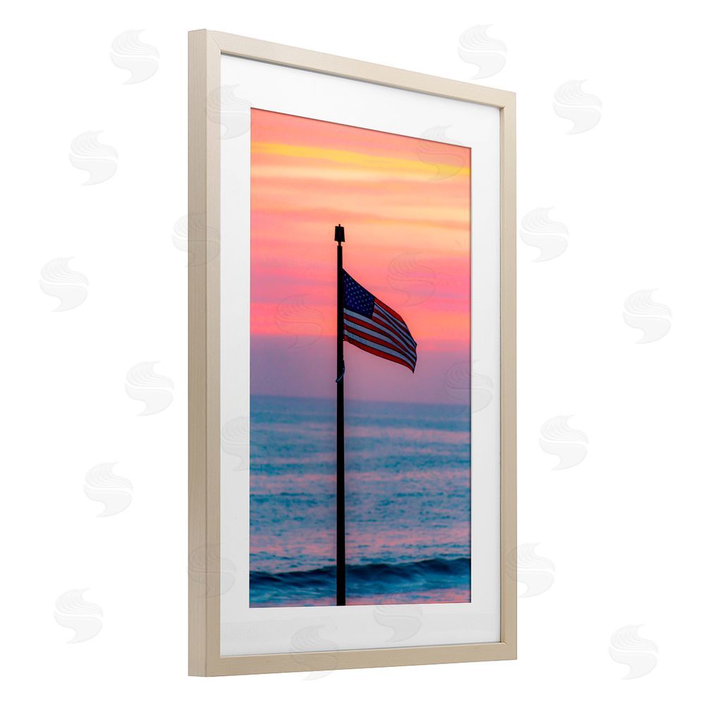Jeff Poe Photography USA Flag Against Sunset Birch Framed Print Under Glass with White Mat Wall Art